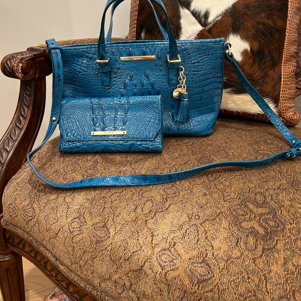 Brahmin Teal Embossed Leather Handbag with Wallet
